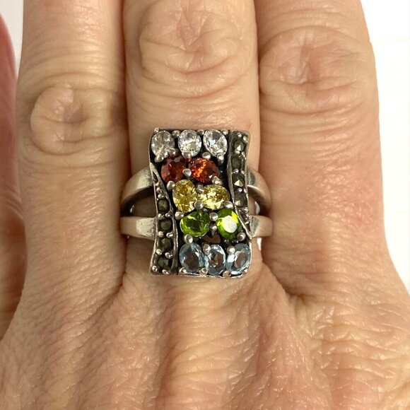 Sterling Silver 925 Multi Color Oval Cubic Zirconia CZ Ring Sz 7.75 - Picture 1 of 16